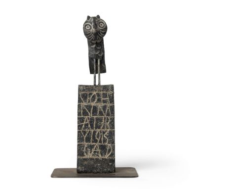  JOHN MALTBY (BRITISH 1936-2020) OWL ON WALL, 2014 impressed maker's mark, signed and dated (to base), stoneware, on metal ba