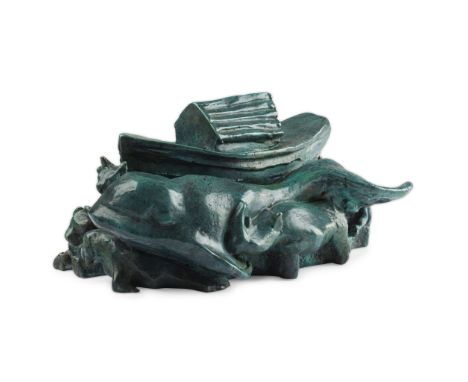  LAURENCE BRODERICK (BRITISH 1935 - 2024) NOAH'S ARK initialled, titled and numbered 4/6, verdigris bronze 9cm high, 18.5cm w