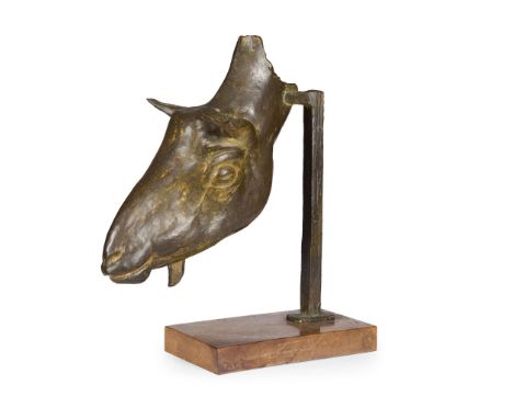  GEORG EHRLICH (AUSTRIAN 1897-1966) HEAD OF A GOAT, c. 1950-5 signed EHRLICH (to bronze stem), patinated bronze on wooden bas