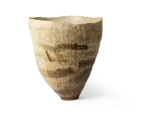  EWEN HENDERSON (BRITISH 1934-2000) LARGE ORGANIC FORM mixed clays, with landscape motifs, in pale fawn and brown glaze 36.5c