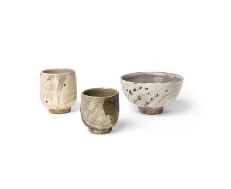  WILLIAM MARSHALL (BRITISH 1923-2007) FOOTED BOWL AND TWO YUNOMI TEA BOWLS each impressed maker's mark, stoneware, two with h
