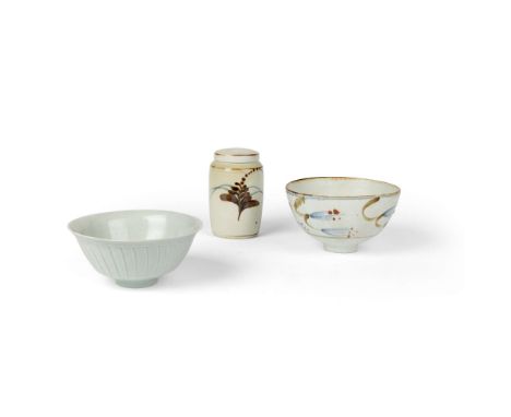  DAVID LEACH O.B.E. (BRITISH 1911-2005) TWO FOOTED BOWLS AND JAR & COVER one footed bowl impressed maker's marks, the jar and