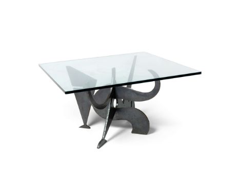  ATTRIBUTED TO PUCCI DE ROSSI (ITALIAN 1947-2013) COFFEE TABLE, 1980S iron and glass 43cm high, 70cm wide, 70cm deep (17in hi