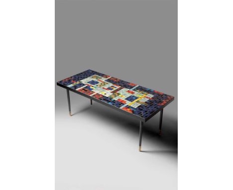  JOHN PIPER C.H. (BRITISH 1903-1992) TABLE, c. 1957-9 signed (lower right), ceramic mosaic and painted metal 41cm high, 107cm