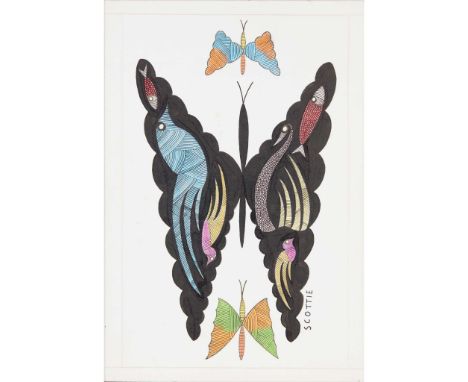  SCOTTIE WILSON (BRITISH 1891-1972) BUTTERFLIES, BIRDS AND FISH signed SCOTTIE (lower right), pen, ink and crayon on card 37c