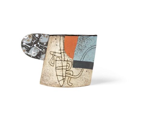  JOHN MALTBY (BRITISH 1936-2020) CUP FORM signed MALTBY, stoneware, painted with design of boat in a harbour&nbsp; 18cm high,