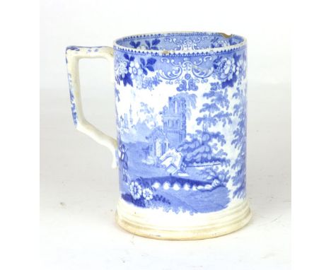 A pearlware tankard, mid/late 19th Century, blue transfer printed with figures before a ruin. h. 16 cm. CONDITION REPORT: Chi