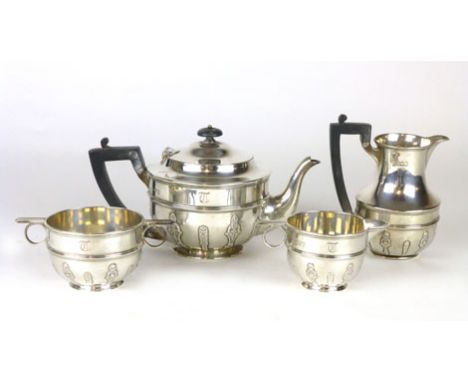 A Victorian silver four piece tea set of ovoid form, initialled T, maker mark indistinct, retailers mark for Mappin Brothers 