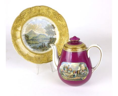 A Pratt teapot and cover decorated with figures washing clothes and fisher folk unloading boats verso, together with a simila