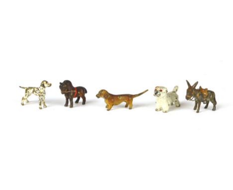 Four miniature cold painted bronze figures of dogs together with a donkey and a horse, donkey h. 1.8 cm (5) CONDITION REPORT: