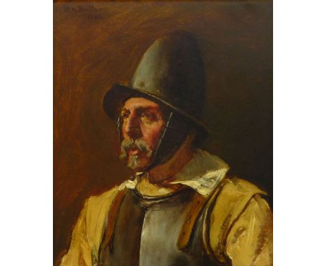 W H Spiller, Portrait of a roundhead, signed and dated 1886 upper left, oil on canvas. 29 cm x 24 cm. CONDITION REPORT: Has b