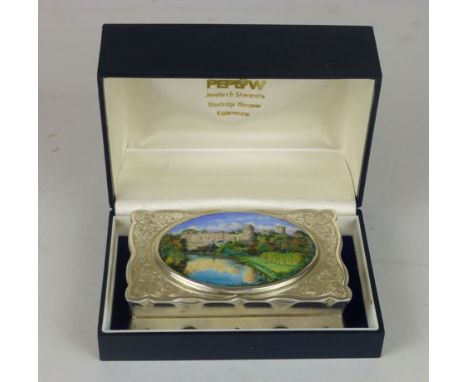 A modern silver table snuff box with central enamelled plaque with a view of Warwick Castle, makers mark PJD Birmingham 1994,