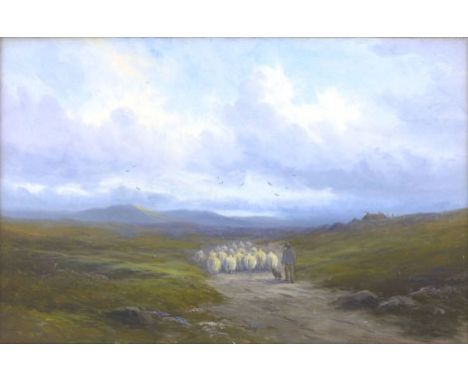 R Harris, Shepherd and sheep in a moorland setting, signed lower right, oil on canvas. 34 cm x 54 cm CONDITION REPORT: Good
