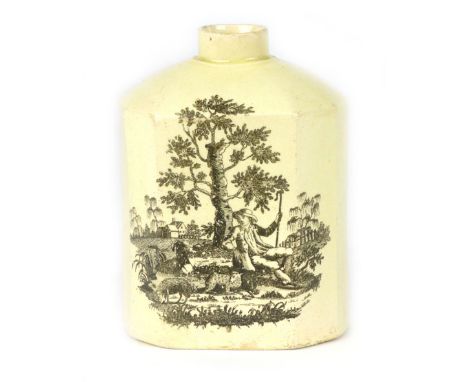A cream ware tea caddy, late 18th century, probably Wedgwood, of canted rectangular form, black printed with th 'Tea Party' a
