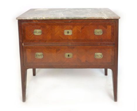 A French commode, 19th Century, pink and grey marble top above a pair of feather veneered long drawers with brass swing handl
