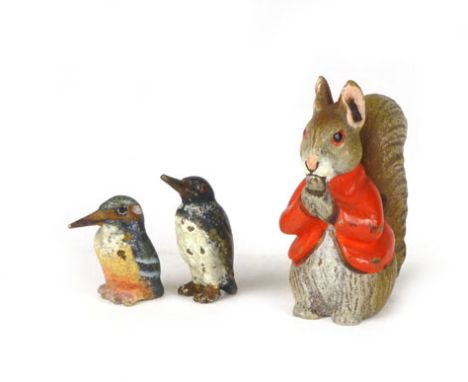 A miniature cold painted bronze figure of a penguin, another of a kingfisher, together with a larger figure of a squirrel, pe