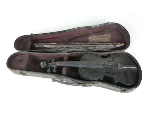 A miniature or infant's violin with single piece back, bow and fitted case, overall length 30 cm. CONDITION REPORT: Footnote: