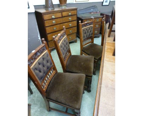 A set of six late Victorian oak frame dining chairs, button backs, stuffed over seats (6) CONDITION REPORT: Some joints loose