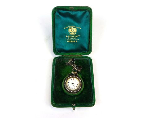 A Continental silver, enamelled and split pearl mounted ladies lapel watch with bow suspension brooch, stamped 935, retailed 