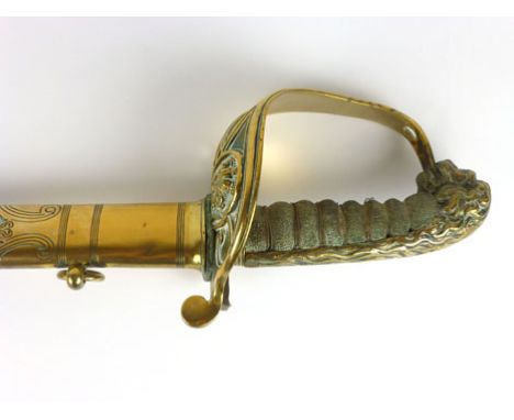 A 19th century pattern Royal Navy officers sword with brass basket hilt with anchor cipher, folding thumb guard and lion pomm