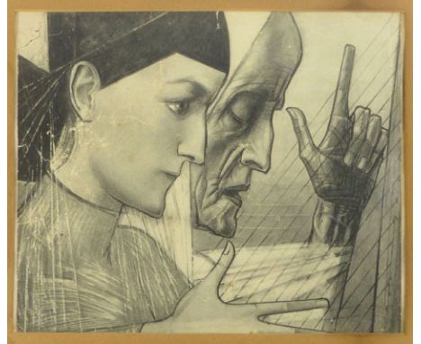 Attributed to Jan Toorop, Cubist profile portrait of a young and older lady, etching with pencil signiture.  22 cm x 27 cm CO