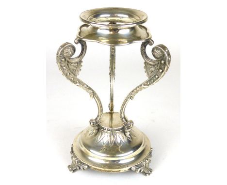 An Edward Vll silver centrepiece or amphora holder with three scrolling supports, makers mark TLEM, Chester 1904.  Total over