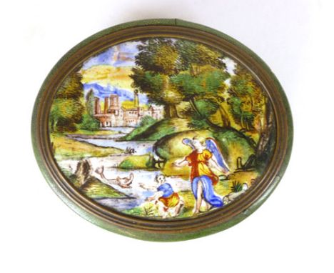 A George lll pressed tortoiseshell and shagreen covered snuff box, with enamelled cover, width 10cm
* enamel believed to be 1