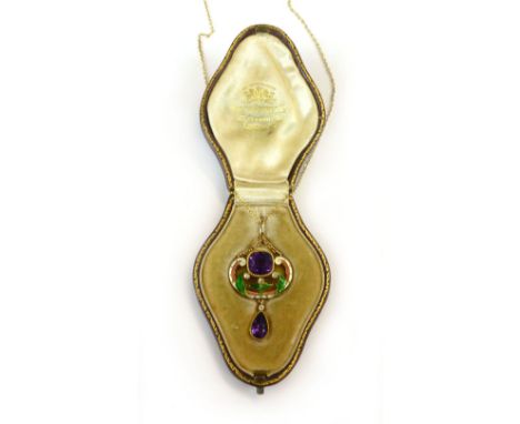 Suffragette Interest: a gold, amethyst and diamond mounted openwork pendant, with pink, white and green enamelling, retailed 