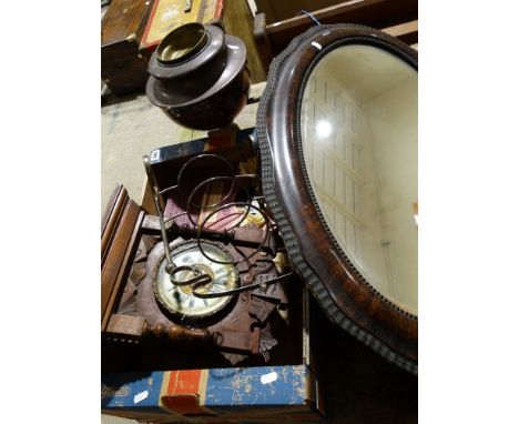 A Box Of Collectables Including An Edwardian Mantel Clock, Pair Of Wooden Candle Holders Etc