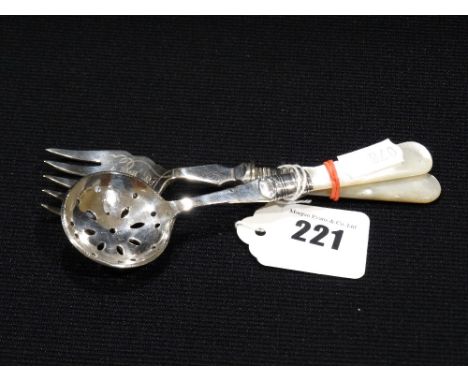 A Mother Of Pearl Handled Sifter Spoon And Cake Fork