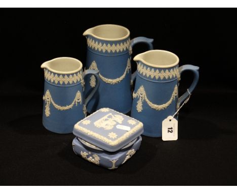 A Set Of Three Graduated Dudson Pottery Milk Jugs Together With Two Wedgwood Jasper Ware Pieces