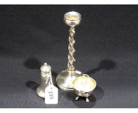 A Circular Based Silver Twist Column Candle Stick Together With A Silver Pepper And Plated Salt