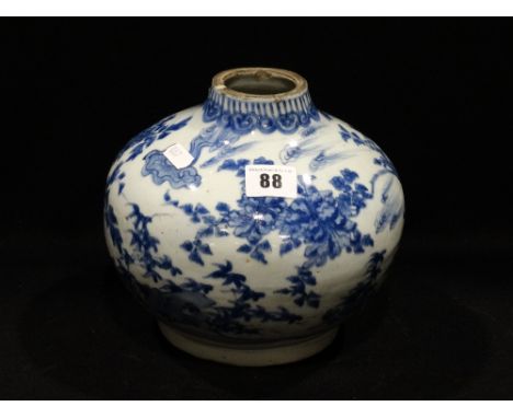 An Antique Japanese Blue And White Circular Based Bottle Vase With Blossom Decoration, Reduced