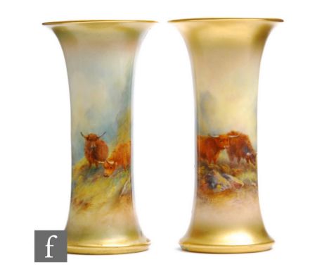 A matched pair of early 20th Century Royal Worcester shape G923 trumpet vases panel decorated by Harry and James Stinton with