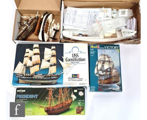 A collection of partially started plastic model kits, of various scales and manufacturers, mostly ship related, by Revell, Se
