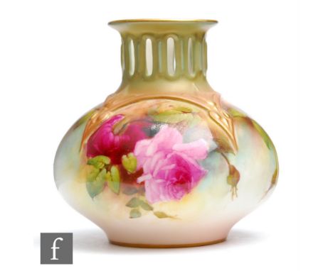 An early 20th Century Royal Worcester shape H306 vase decorated with hand painted roses and buds against a pale ground, the c