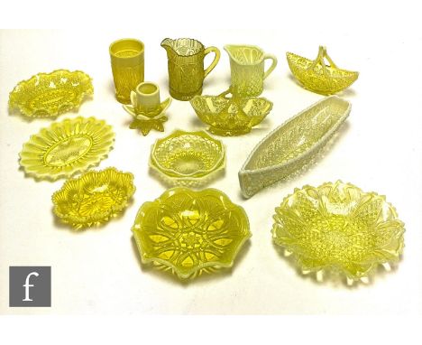 A collection of late 19th Century Davidsons Primrose Opal pressed glass fancy goods in various patterns to include War of the