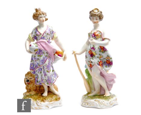 A pair of 19th Century&nbsp;Helena Wolfsohn, Dresden type allegorical figures, the first stood holding a globe and a basket o