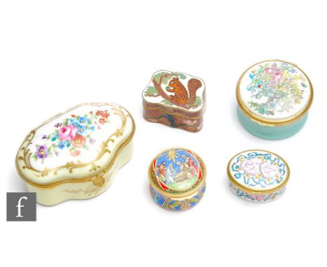 A Bilston enamel box, another named ?Love is all? another Christmas 2000, a cloisonné squirrel box and a French floral painte