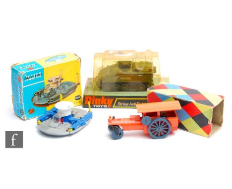 A Corgi 1119 HDL Hovercraft SR-N1, together with a Dinky 691 Striker Anti-Tank Vehicle, both boxed, with a Minic Steamroller 