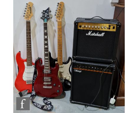 A collection of three electric guitars, to include a Quincy six-string guitar with claret red finish, length 95cm, a Stagg Ba