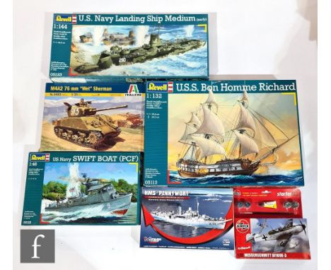 Seven assorted plastic model kits of various scales and manufacturers, mostly military related, by Revell, Italeri, Airfix an