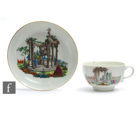 A late 18th Century Worcester teacup and saucer, transfer decorated and hand enamelled with an Italian landscape scene with c