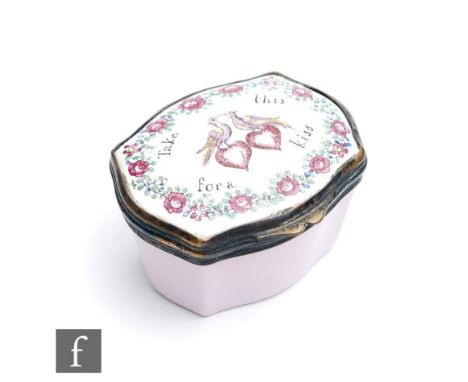 A late 18th to early 19th Century Bilston type enamel pill or patch box of shaped form, hand painted to the slightly domed co