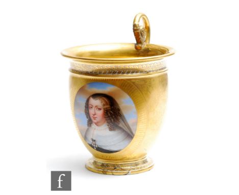 A 19th Century chocolate or cabinet cup in the Vienna type, decorated with a hand painted portrait roundel of Anne d'Autriche