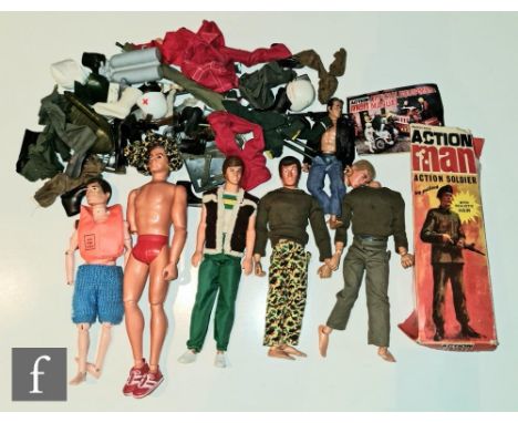 A collection of Palitoy Action Man items comprising three figures, a partial Action Soldier box, an Official Equipment Manual