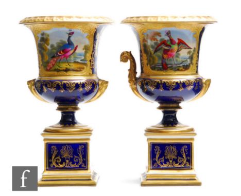 A pair of 19th Century Flight Barr and Barr campana urns raised to affixed pedestal bases, both with a hand painted exotic bi