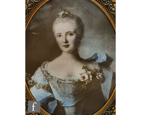 An oval moulded gilt and gesso glazed picture frame, circa 1950, containing a reproduction portrait print after Liotard, wind