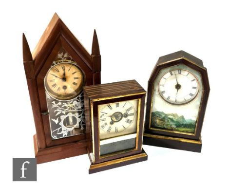 A 19th Century American steeple style mantle clock, height 43cm, another painted with an Alpine scene and a similar smaller e