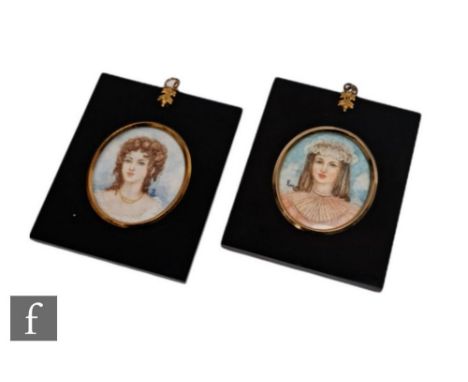 A late 20th Century watercolour miniature portrait on celluloid depicting a young lady wearing a coral dress and bonnet, sign